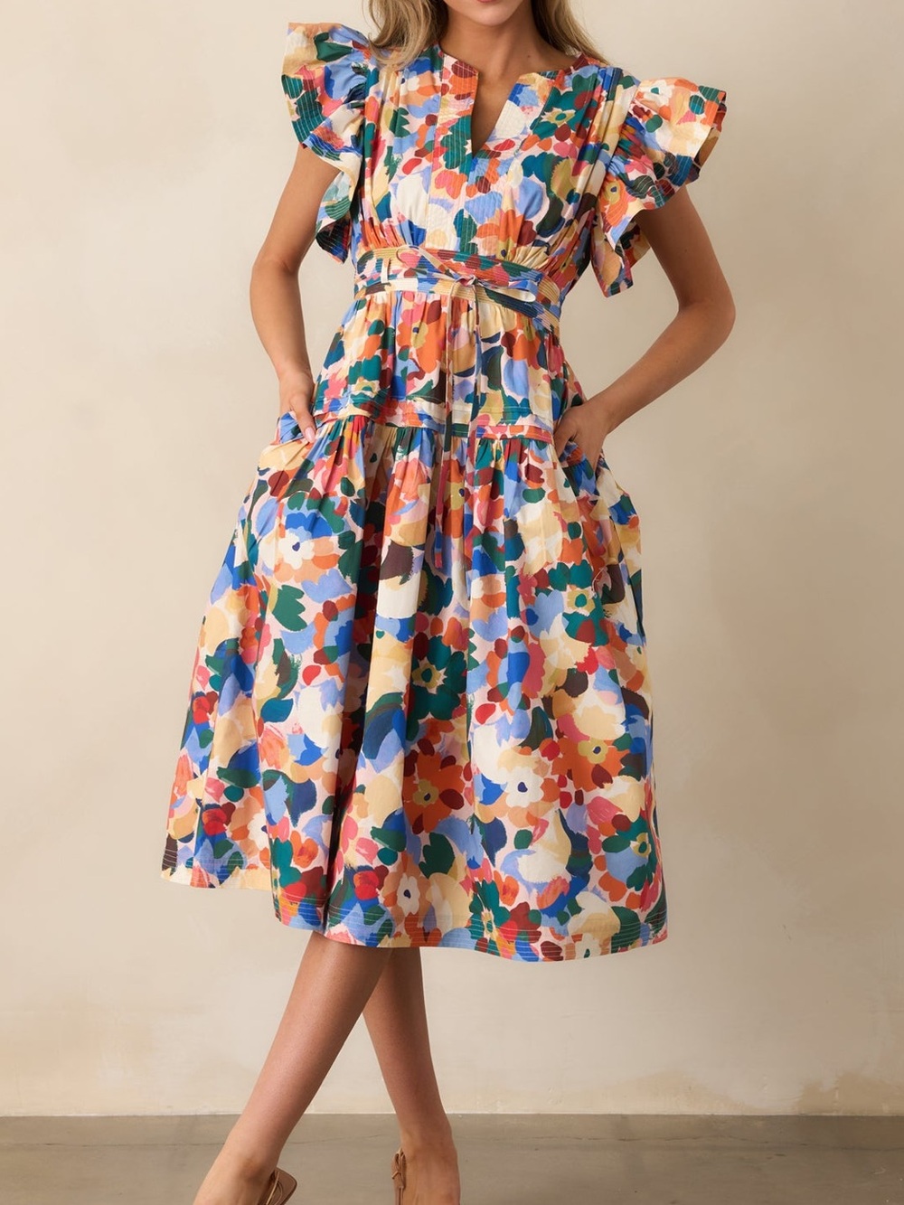NWT PROSPERINA Sz M ASTOR ORANGE MULTI FLORAL PRINT COTTON MIDI DRESS